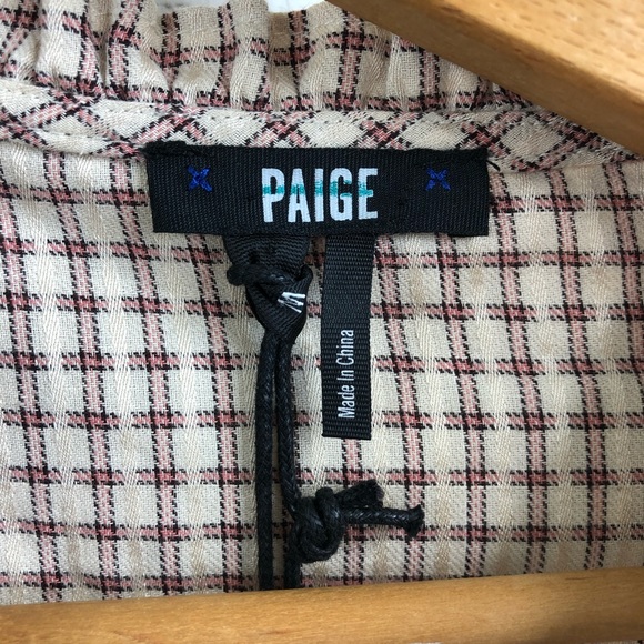 PAIGE Torin Check Blouse In Sandy Shell/ Spice Drawstring Bell Sleeves - Picture 7 of 9